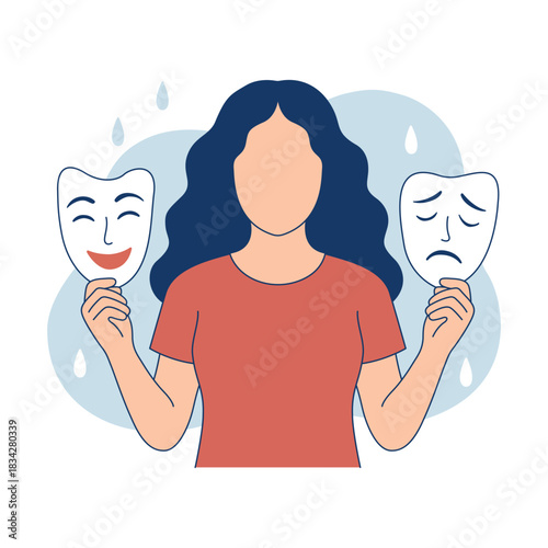 Bipolar mask illustration of woman holding happy and sad faces