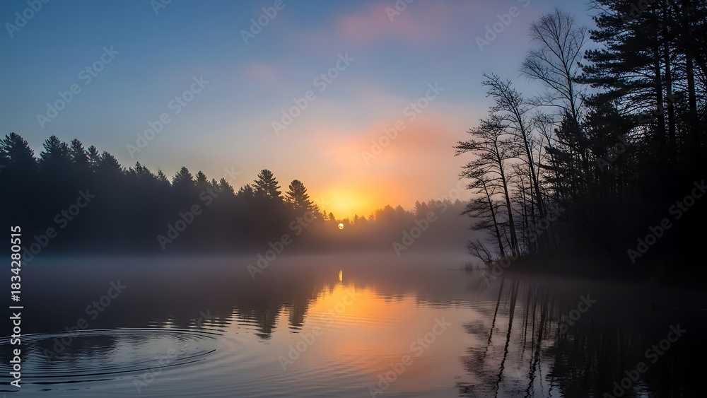Fototapeta premium Misty Morning Radiance: Sun Rising Over a Rippled Serene Forest Lake.