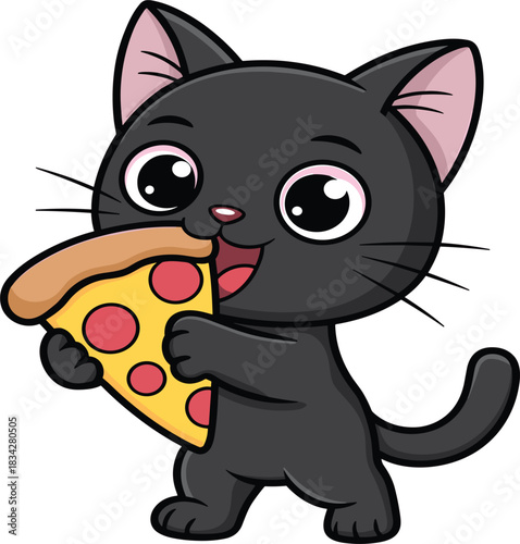 Adorable Cartoon Black Cat Standing and Eating Pizza Vector Illustration: Cute Kitten with Big Eyes Joyfully Enjoying a Slice of Pepperoni, Perfect for Kids' Food and Pet Graphics.