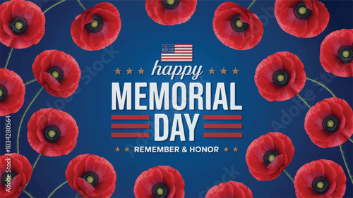 A patriotic greeting card design for Memorial Day, featuring beautiful red poppy flowers on a textured blue background with stars