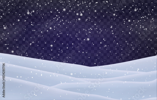 Night snow falling on snowdrifts, snowflakes and blizzard. Snow landscape decoration, frozen hills isolated on png. Vector heavy snowfall with snowbanks field. Christmas vector illustration.