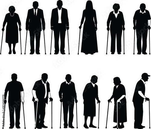 Silhouettes of people with canes, mobility support, diverse figures, aging posture, disability awareness, independence illustration, health theme flat vector