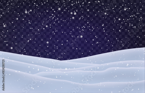 Night snow falling on snowdrifts, snowflakes and blizzard. Snow landscape decoration, frozen hills isolated on png. Vector heavy snowfall with snowbanks field. Christmas vector illustration.