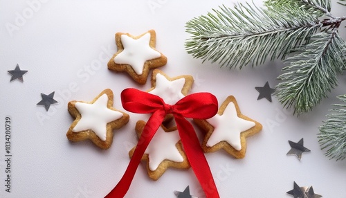 Star shape cookies with sugar glaze , red tied bow and silver pine branch isolated on white background