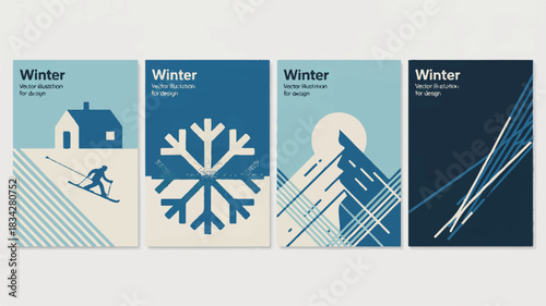 Minimalist vector collection for winter, with abstract snowy scenes, geometric snowflakes, and winter sports, ideal for modern design