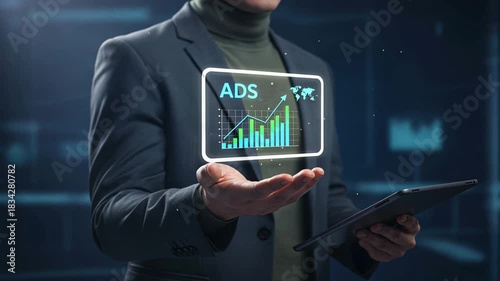 Wallpaper Mural Businessman holding with holographic ads and data panels in high tech office, marketing strategy, ad performance Torontodigital.ca