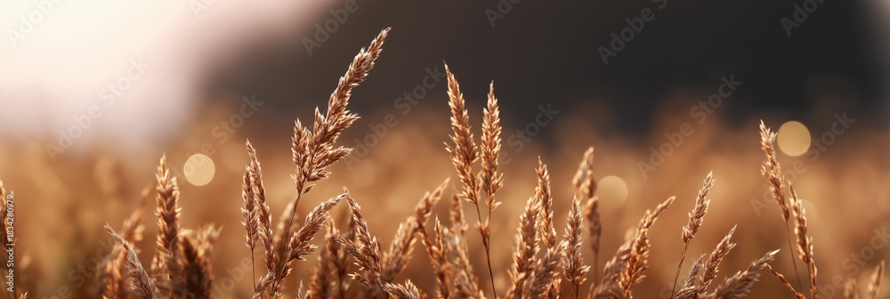 Naklejka premium Golden wheat field at sunset with soft focus and warm light