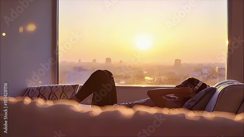 Golden Dawn Reverie: Silhouette of Relaxation by the Window at Sunrise