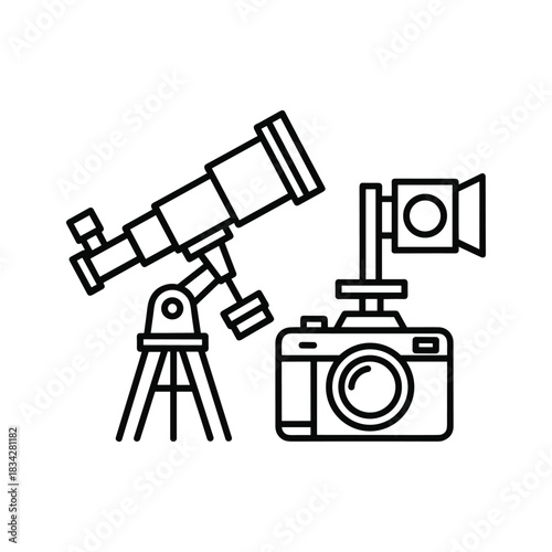Astrophotography Equipment Icon: Telescope and Camera with Flash