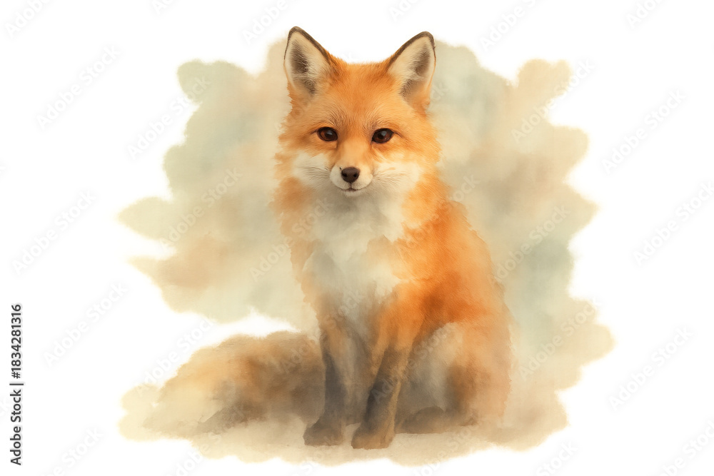 Naklejka premium Red fox watercolor painting sitting and looking forward. Wildlife illustration artwork with a transparent background