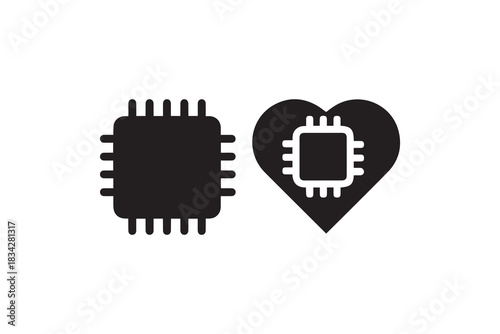 Microchip and Heart Technology Icon CPU Processor inside a Heart Silhouette