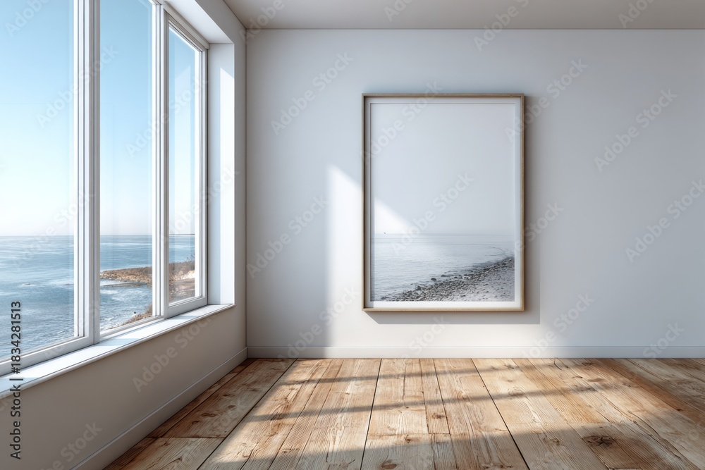 Fototapeta premium Bright coastal room interior features large window overlooking blue water and framed artwork on a white wall