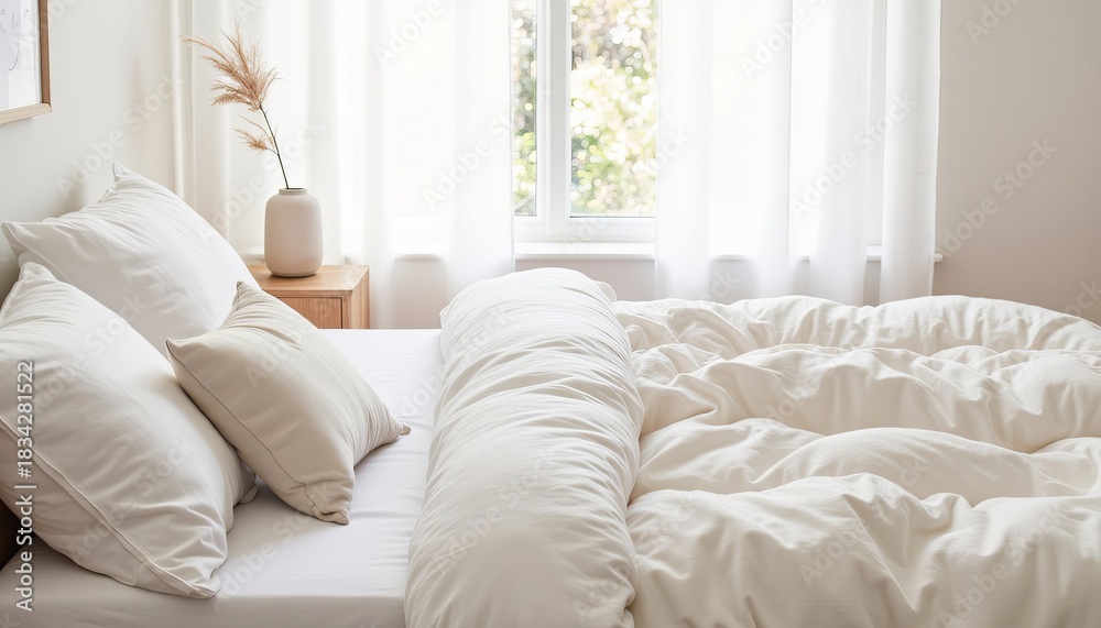Fototapeta premium Cozy bed with white linens and pillows in a bright bedroom, natural light streaming through window for comfortable living and healthy sleep.