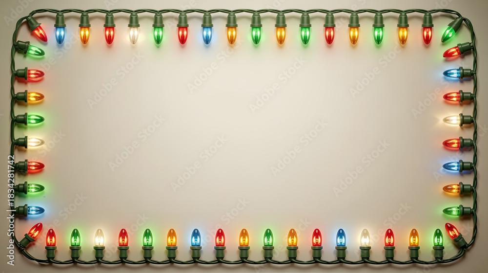 Fototapeta premium Colorful string lights arranged in a rectangular frame on a neutral background, creating a festive atmosphere perfect for holiday celebrations and seasonal decorations