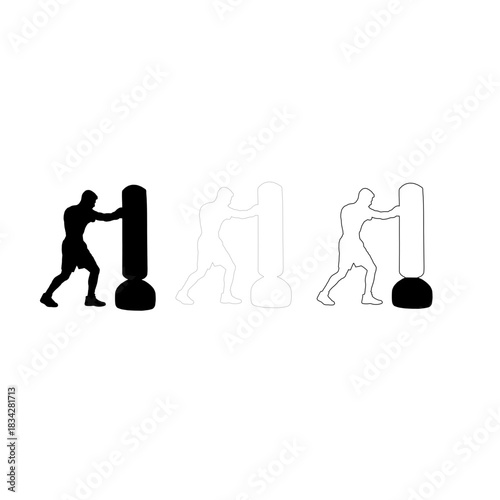 Silhouette of a boxer training with a punching bag in two variations