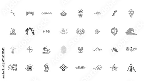 Collection of minimalist hand drawn icons on white background for design elements