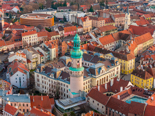 Hungary, Sopron city amazing Advent (christmas market in the downtown. Fascinating light painting on the walls and decorated. illuminated trees, fountain, statues etc