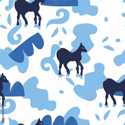 Vector seamless pattern with Christmas blue elements on an isolated white background. Animalistic and botanical print in a modern flat style with horses.