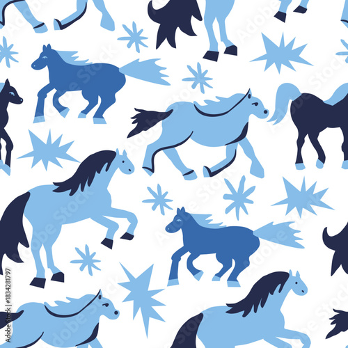 Vector seamless pattern with Christmas blue elements on an isolated white background. Animalistic and botanical print in a modern flat style with horses.
