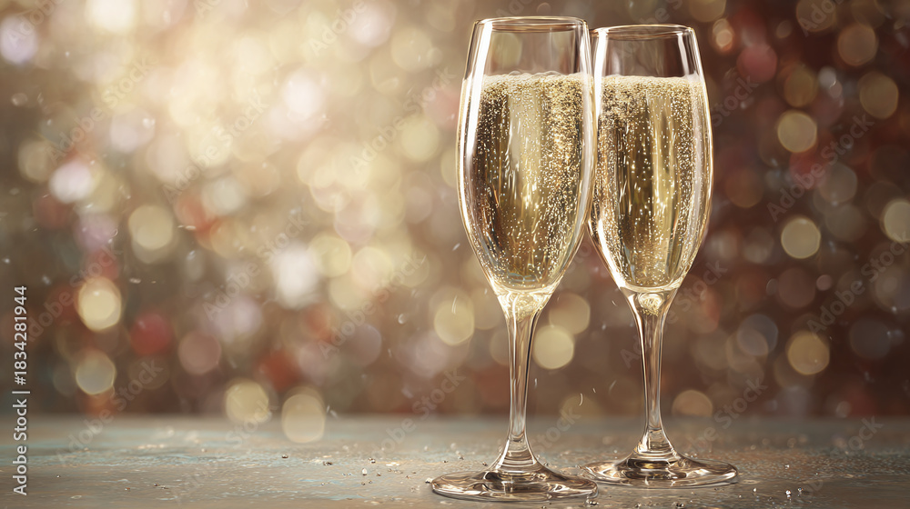 Naklejka premium Two champagne glasses are clinking together, bubbles of drink rising with joy and celebration. The golden bokeh in the background makes a beautiful mood