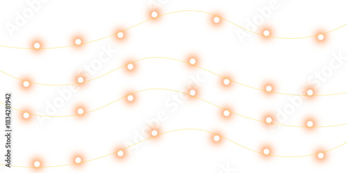 Wavy strings of glowing fairy lights with a warm orange hue isolated on a plain white background.