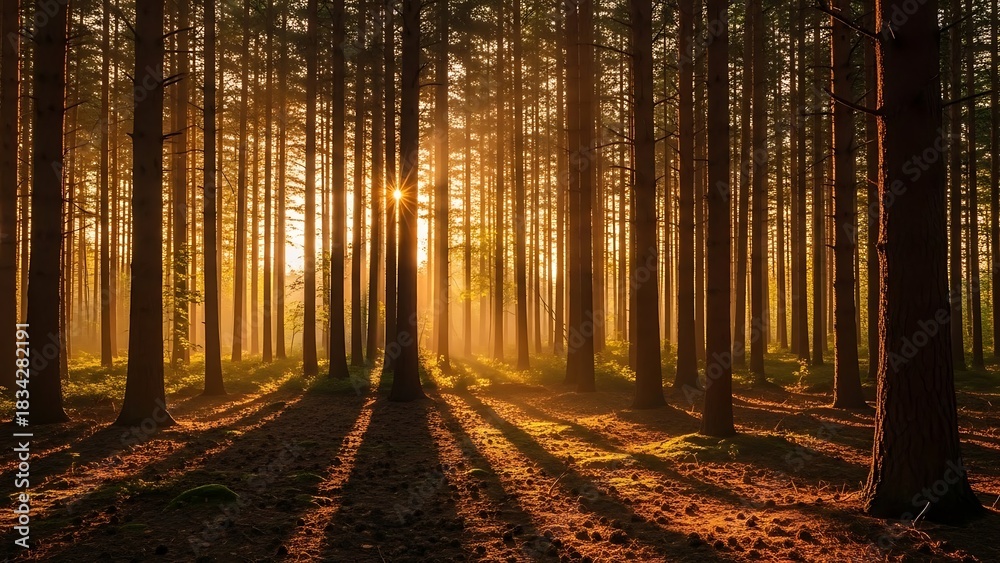 Obraz premium Golden Forest Sunrise: Sunbeams Through Tall Trees Natures Beauty.
