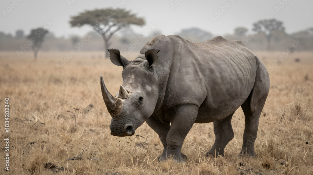 Obraz premium Rhinoceros walking through dusty savannah haze powerful portrait