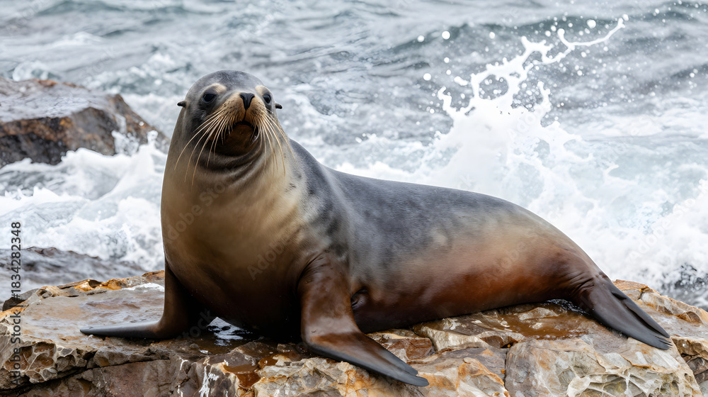 Fototapeta premium Sea lion basking on warm rocks beside ocean spray natural close up