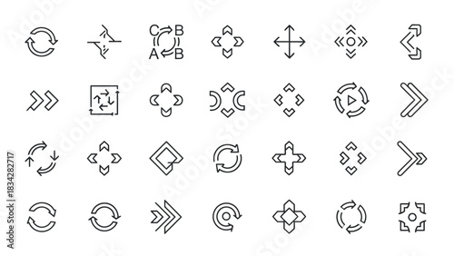 A collection of various arrow icons and directional symbols are displayed on a white background.