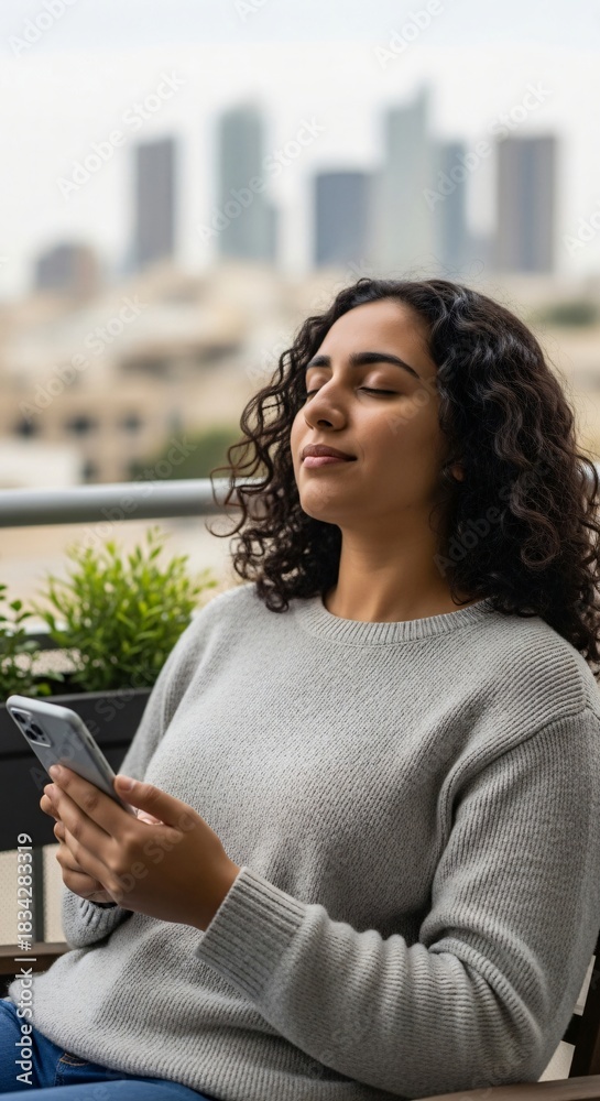 Fototapeta premium A serene woman with curly hair relaxes on a city balcony with her eyes closed, holding a smartphone.