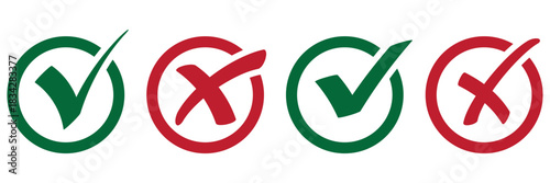 Check mark icon button set. Check box icon with right and wrong buttons and yes or no checkmark icons in green tick box and red cross. Isolated checkmark symbol, right and wrong sign concept. Icon.