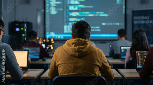 Rear view of focused students sitting at desks in a modern computer lab working on laptops while learning programming with code displayed on a projection screen.