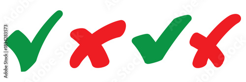 Check mark icon button set. Check box icon with right and wrong buttons and yes or no checkmark icons in green tick box and red cross. Isolated checkmark symbol, right and wrong sign concept. Icon.