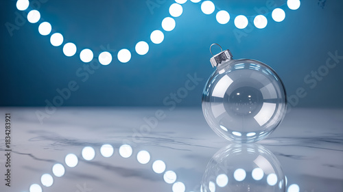 Clear glass Christmas ornament resting on a marble surface, reflecting soft blue lights, creating a serene holiday atmosphere with copy space for design