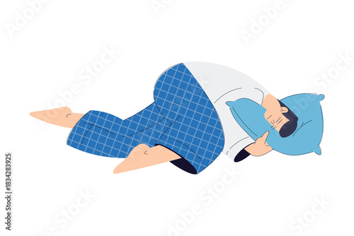 Sleepy Man Character Lying with Soft Pillow Vector Illustration