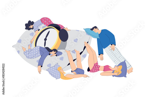 Sleepy Man and Woman Character Lying on Soft Pillow Vector Illustration