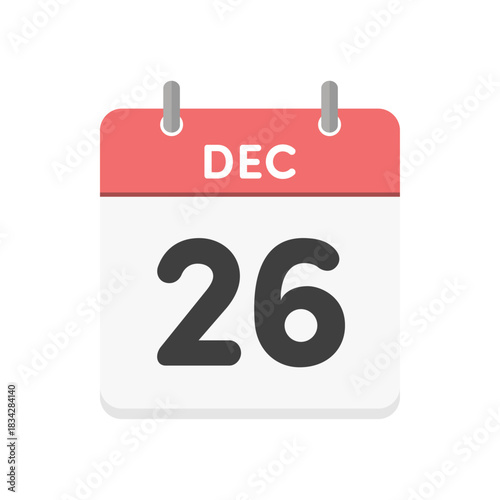12月26日･DEC 26の日めくりカレンダーのアイコン - 12/26の日付入りの赤い色の英語の暦