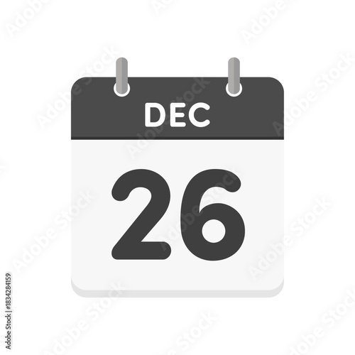 12月26日･DEC 26の日めくりカレンダーのアイコン - 12/26の日付入りの白黒の英語の暦