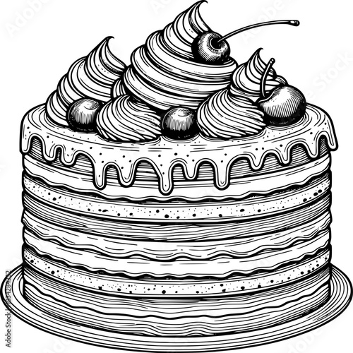 Sweet Temptation: A meticulously crafted illustration presents a delectable cake, adorned with luscious cream swirls and ripe cherries, promising a moment of pure indulgence. 
