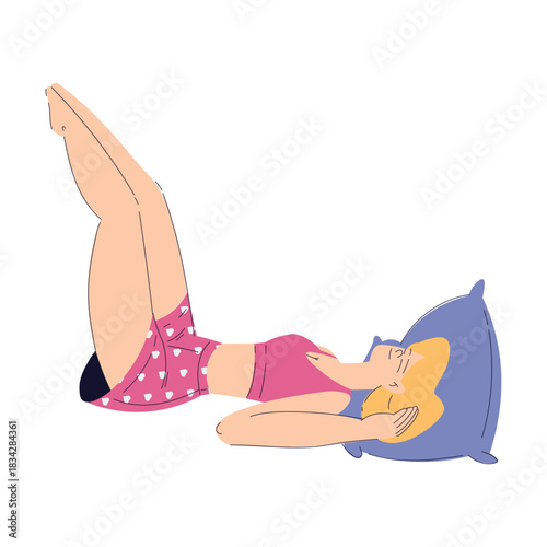 Sleepy Woman Character Lying with Soft Pillow Vector Illustration