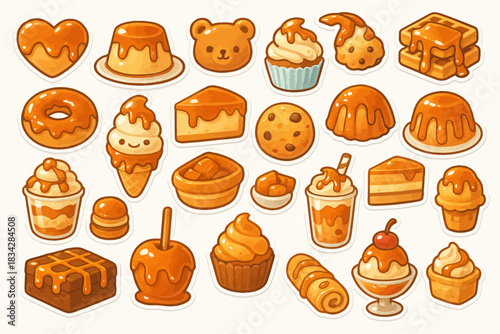 Cute cartoon caramel desserts: heart, bear, cupcake, ice cream, waffles