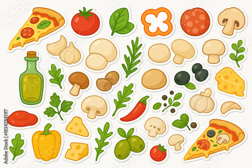 Colorful assortment of pizza toppings with vegetables, cheese, and herbs