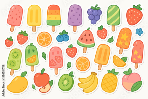 Colorful assorted ice pops and fruits illustration with playful summer theme