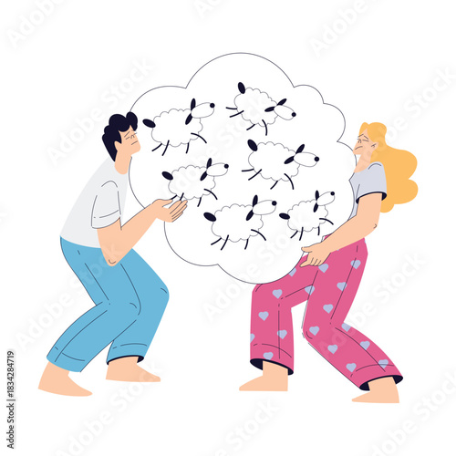 Sleepless Man and Woman at Night Count Sheep Suffer from Insomnia Vector Illustration