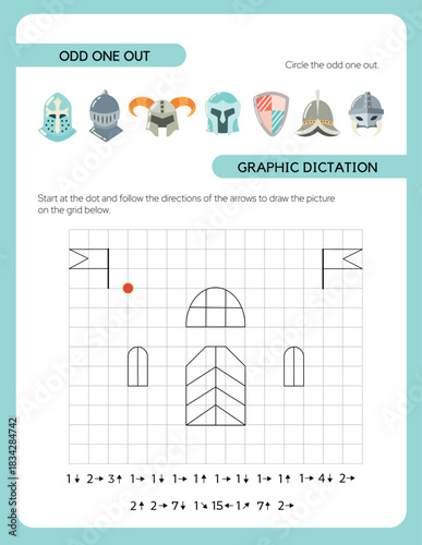 Pages for a children's activity book. The theme is a fairytale kingdom. Graphic dictation, ode one out. Fun activities for preschool children. Vector illustration.