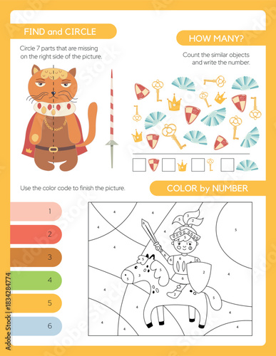 Pages for a children's activity book. The theme is a fairytale kingdom. Find and circle, How many and Color by number.  Kids book kingdom theme. Vector illustration.