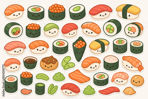 Cute kawaii sushi patterns with adorable faces