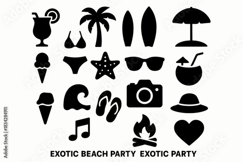 Tropical beach icons: palm trees, surfboards, sunglasses and more