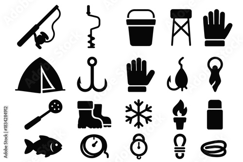 Set of silhouette camping and fishing icons: rod, tent, bucket, hooks, winter boots