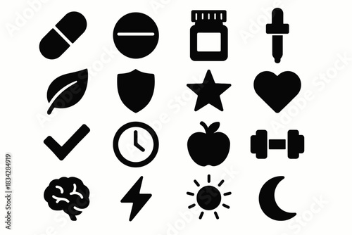 Health and wellness icons: medicine, nature, fitness, and nutrition symbols